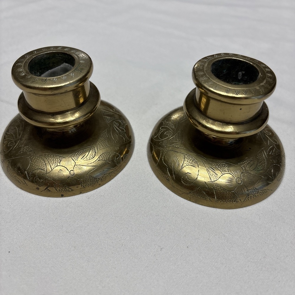 Pair of Vtg‎ Brass Engraved Candle Holders